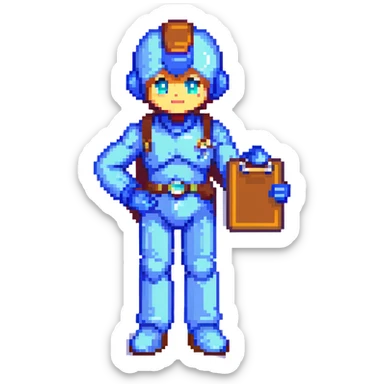 8-bit pixel art icon of a recruiter, Mega Man style, waist-up only, no computer, character in business attire holding a clipboard, friendly expression sticker