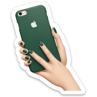 white iPhone with dark green case, female hand with nude manicure holding the phone, slightly side view, emoji style sticker