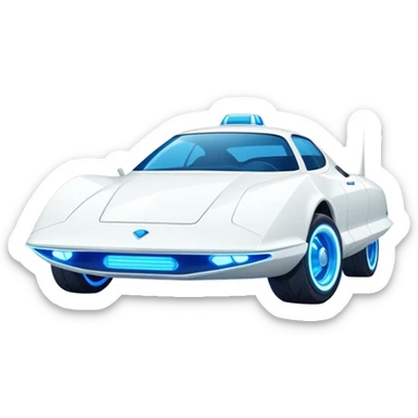 Futuristic retro hover white car with very sharp angular design and intense glowing blue wheels, direct front view showing headlights, flat vector style, minimal color palette with blue accents sticker
