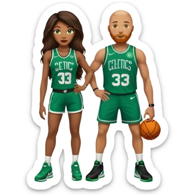 48-year-old black woman with brown eyes, long dark brown balayage hair dressed in sexy 
celtics jersey costume outfit & stilettos with bald white man with ginger beard, and blue eyes, wearing a Jason Tatum Boston Celtics Jersey, matching Nike sneakers  sticker