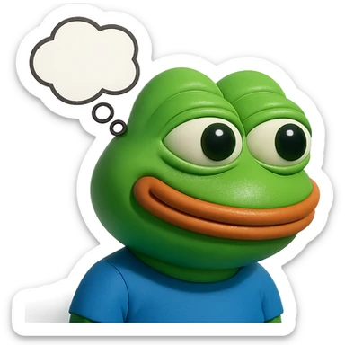 make a pepe in bright green smiling with thought bubble looking at right left in 3d style, good highlights and shadows, drop shadows sticker