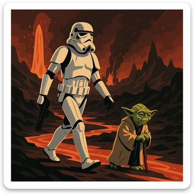 vector art of a Starwars stormtroopers is walking on lava planet with yoda, battleground background 
 sticker