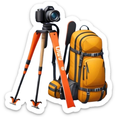  a snowy mountain peak in the landscape, with skis, a snowboard, an ice axe, a backpack and a camera. The icon should capture the adventure and exploration of mountain landscapes. Transparent background. sticker