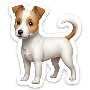 a full body slightly chubby white parson russell terrier looking dog the size of a kelpie with light brown long ears and a light brown patch on one eye and a large snout sticker