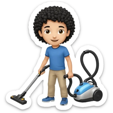 Emoji to encourage kids to do chores - should contain something about house chores, ok replace the broom with a vaccum make it atheltic boy 8 years old - egyptian with curly hair sticker