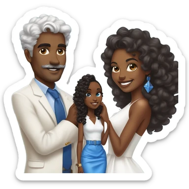 “Brown-skinned Black woman in her mid-20s with blowout curls, wearing a white dress, holding a blue mini Hermes Kelly, and a 7-carat ring. A white man with blue eyes, grey hair, mustache, and an expensive watch, smiling at her.” sticker