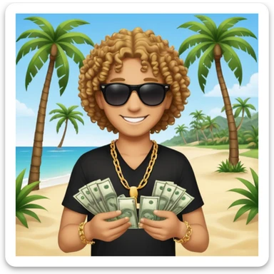 Smiling person with curly hair in black shirt and chain necklace, holding money bundles, black sunglasses, tropical beach scene with palm trees sticker