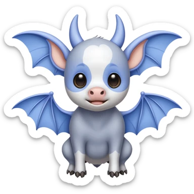 cute cow-bat hybrid with periwinkle wings, white and grey body, bold outlines, optimized for visibility on Discord and Slack sticker