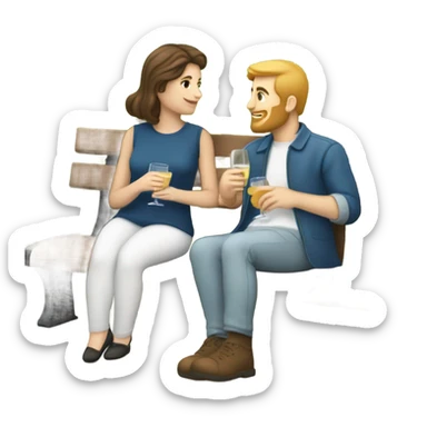 couple with white skin people and brown hair, sitting closely on a park bench, enjoying a romantic moment. One person is holding a croissant, and the other is holding a glass of Prosecco.  sticker