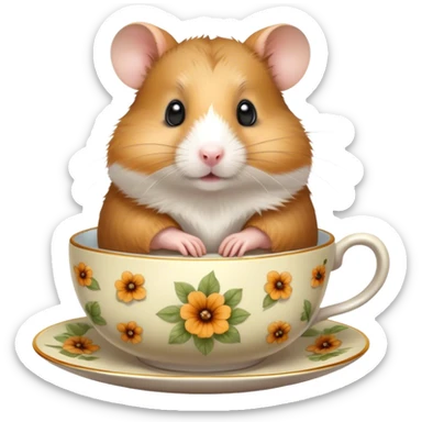 Cinematic 32k HD, Extremely detailed image of a hamster in a teacup, each hair, eye, and paw is shown in stunning detail as though captured in a timeless photograph, rich textures, visually rich, so lifelike that it feels like it could leap off the page at any moment sticker