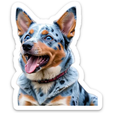 Cinematic Cute Yawning Blue Speckle Australian Cattle Dog Portrait Emoji, Head tilted slightly with a dramatic, wide-open yawn, showcasing a sleek blue speckle Fur with distinct markings, floppy ears slightly drooping, round blue eyes barely open in drowsy contentment, Simplified yet irresistibly adorable features, highly detailed, glowing with a soft, cozy glow, high shine, relaxed yet expressive, stylized with a touch of whimsy, bright and endearing, soft glowing outline, capturing the essence of a sleepy yet affectionate herder, so drowsy it feels like it could stretch out of the screen and curl up for a nap! sticker