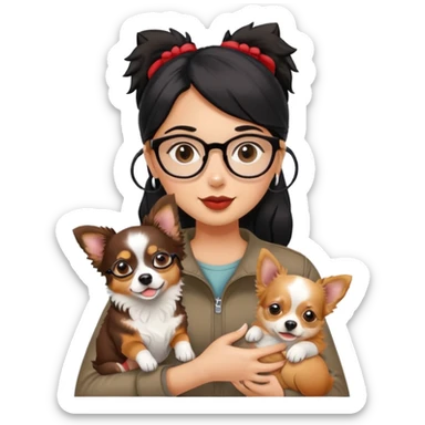 A black hair girl with glasses is holding two dogs. One dog is a red Merle color mini Australian shepherd and the other dog is a small golden color mixture of chihuahua and golden retriever  sticker