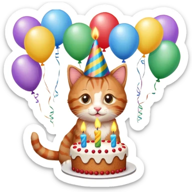 Ginger tabby kitten celebrates birthday, birthday hat, birthday cake, one candle, balloons, happy, gifts sticker
