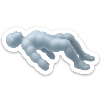 side view of unconscious person flying torso up, legs and arms down, made of small very bright white fluffy convex clouds, matte glass style sticker