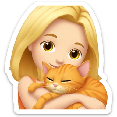Blonde girl cuddling with her orange cat sticker