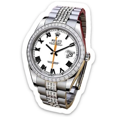 Crie um emoji com essas especificações: Um Rolex Datejust "Iced Out" prateado, totalmente coberto por diamantes na caixa, luneta e com diamantes na pulseira Jubilee. O mostrador possui fundo cravejado com diamantes (pavé), algarismos romanos pretos e lente de aumento na data. sticker