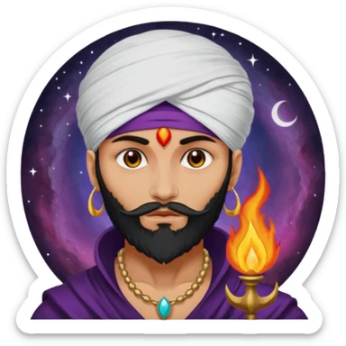 Con el planeta Saturno 🪐 (esto tiene que ser el elemento más importante) , un moro con turbante 👳🏾‍♂️ y la cara del diablo morada esta 😈. Centrate en el planeta Saturno , que se vea claramente con su anillo  y dentro el moro  sticker