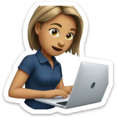 Girl IN DARK BLU SHIRT working with a laptop, NO PONY TAIL, STRAIGHT HAIR, NO NOTEBOOK sticker