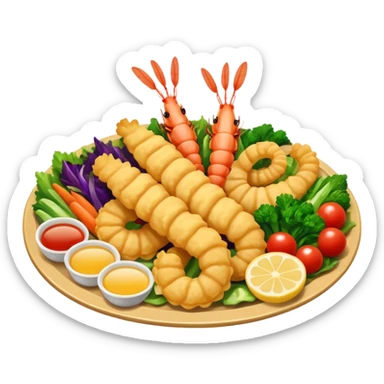 tempura platter emoji, shrimp and assorted vegetables, extra crunchy, light batter, vibrant colors sticker