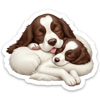 Meme-Worthy Cute Sleeping Springer Spaniel Portrait Emoji, Head resting peacefully with a contented smile, showcasing a delightfully agile build and a luxuriously soft liver and white Fur, eyes shut in a serene nap, Simplified yet hilariously adorable features, highly detailed, glowing with a soft, drowsy light, high shine, relaxed and utterly lovable, stylized with an air of playful laziness, bright and heartwarming, soft glowing outline, capturing the essence of a comically sleepy companion, so meme-worthy it feels like it could instantly become the next viral sensation of adorable slumber! sticker