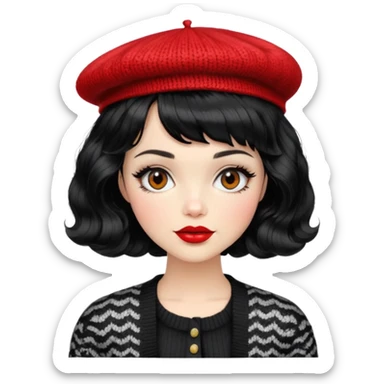 Alluring 1970's beret French girl french shiny black wavy textured bob haircut tousled hair red lips wearing knitted cardigan sticker