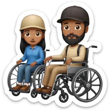 Beige skin man with a beard and cap in a wheelchair and a dark brown skin woman with long black hair in a wheelchair  sticker