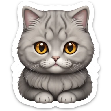 Cinematic-Fluffy-Grey-Scottish-Fold-Cat-Portrait-Emoji – Head tilted cutely with big, sparkling amber eyes, soft solid-grey fur with a velvety sheen, signature folded ears giving an irresistibly endearing look, simplified yet charmingly adorable features, highly detailed, glowing with a soft and warm charm. sticker