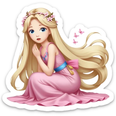 Girl with long blond hair and sakura accessories on her hair with a long tailed dress on the ground and have blue eyes beautiful finish and she sending lovely kisses  sticker