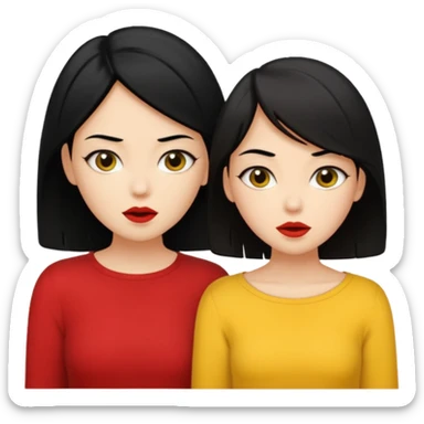 2 girls gossiping secretly. both are fair and have black hair. One has short hair and is tan, one has long hair and is fair. One is wearing yellow, one is wearing red sticker
