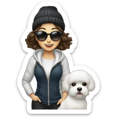 mujer piek blanca con gorro gafas y con perro bichon maltés blanco sticker