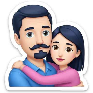 Tall white man with brown mustache goatee wearing blue hugging a short pale woman with long black hair wearing pink sticker