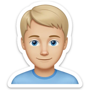 Blue eyed dark blond thin nosed Russian guy with a slight banged short haircut wearing a light blue shirt that says “Kitty” and smiling a little.  sticker