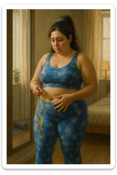 A realistic, cinematic illustration of a woman in her early 30s with a slightly rounded body shape, standing in front of a mirror in a softly lit bedroom, looking at her reflection with a thoughtful, slightly discouraged expression. She is wearing comfortable home workout clothes, holding a tape measure in one hand loosely, while her other hand gently touches her belly area, showing her frustration with slow weight loss progress. The room is cozy, with natural light filtering in, a yoga mat rolled up in the corner, a water bottle, and a small plant on the windowsill. The scene captures the emotional struggle and quiet determination of a woman facing difficulties in losing weight despite her efforts, with warmth and dignity. sticker