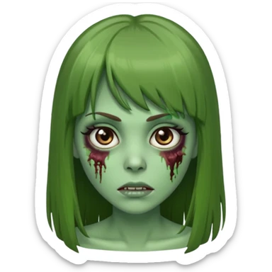 Zumbi feminino, de pele verde, cabelo longo liso e castanho com franja. rosto oval e cilios grandes sticker