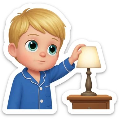 Create an emoji of the same blonde 3 year old as the first one you did. happy boy with blue-greenish eyes with blue pajamas on turning off the lights to go to sleep sticker
