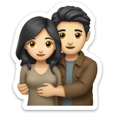 A cute Asian couple hugging each other very tight. The girl has long dark wavy hair and pale skin and dark hazel eyes, the Man has short dark straight hair and bright amber eyes and is pale sticker