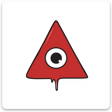 blood-red triangle with a glowing eye inside, symbol of FOE, hand-drawn black doodle style sticker