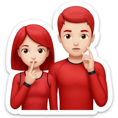 Girl and boy in red gym clothes and thoughtful faces and They have one hand on lip sticker
