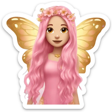 Beautiful, flower, fairy, pink, gold, long hair, butterfly wings sticker