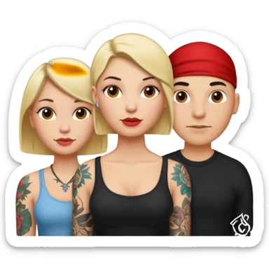 throuple blonde female brunette female with tattoed bald male sticker