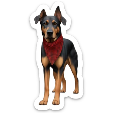 adult 75% Coonhound 25% German Shepherd mix dog with visible tail wearing small pointed red buffalo plaid bandana full body walking left quickly sticker