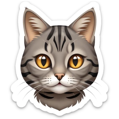 cinematic-cute-grey-and-black-brown-tabby-cat-portrait-emoji,-head-tilted-playfully-and-inquisitively,-sleek-grey-brown-fur-with-bold-black-tabby-stripes-and-a-distinctive-m-shaped-marking-on-the-forehead,-sparkling-amber-eyes,-simplified sticker