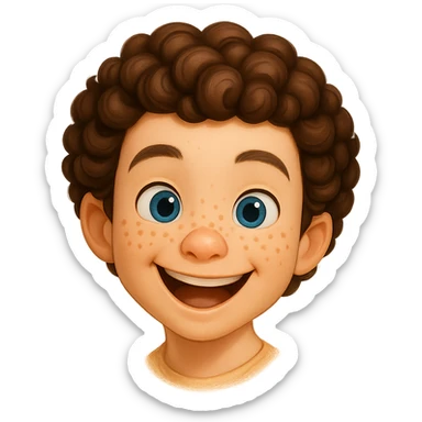 Redraw this character in 3D Disney style, keeping the same happy expression, curly hair, and freckles. Maintain a transparent background. Focus on a vibrant, detailed 3D Disney animation look with warm colors and soft shading. sticker