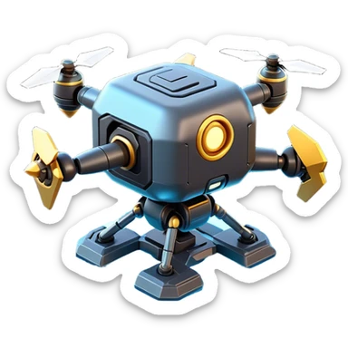 Clash of Clans aesthetic: Cinematic Playful 3D Isometric Robot Drone Emoji, rendered in a 3D vector-style similar to standard emojis with minimal shading and bold, simplified shapes. A compact, distinct form with signature details, softly glowing with a futuristic sci-fi warfare charm. Simplified yet unmistakably iconic, highly detailed and consistent, glowing with a soft radiance and high shine. Stylized with a touch of high-tech brilliance and a soft glowing outline, capturing the essence of a beloved gaming relic with a friendly, playful manner! sticker