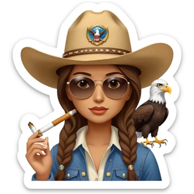 Country woman in cowboy hat with long brown hair with sunglasses with bald eagle on her shoulder and a cigarette in her mouth  sticker