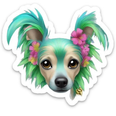 Punk tropical palm leaves flowers Chinese crested dog neon rainbow cyan blue lime green pink hair gold chain punk piercings tattoos punk ear piercings sticker