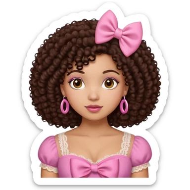 medium-light kinned afro-latina girl with medium length chocolate brown side part curly hair, brown eyes, pink sweetheart necklined top with lace, round wide-ish nose, chubby long shaped face, pink bow sticker