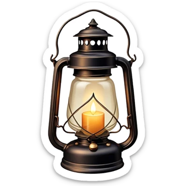 Cinematic Realistic Lantern, an old-fashioned glass lantern with a warm flickering glow, delicate details on the metal handle, softly illuminating the surrounding darkness, glowing with a comforting and nostalgic charm. sticker