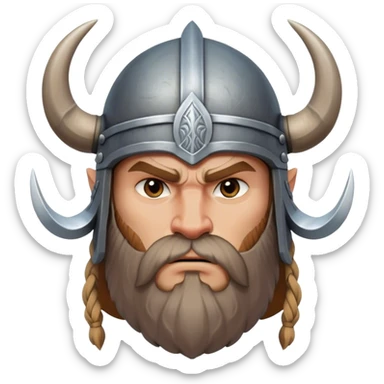 Clash of Clans aesthetic: Cinematic Fierce Viking Portrait Emoji, Poised and bold with a rugged yet stylized build, wearing a simple horned helmet and sporting a neatly trimmed beard, his face rendered in a natural skin tone, intense eyes reflecting fierce determination, Simplified yet dynamic features, highly detailed, glowing with a cool, battle-ready radiance, high shine, brave and resolute, stylized with an air of ancient Nordic valor, focused and commanding, soft glowing outline, capturing the essence of a fearless Viking adventurer ready to set sail on epic quests! sticker