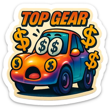 Top Gear sticker featuring a car with dollar signs and a surprised face, colorful and engaging sticker